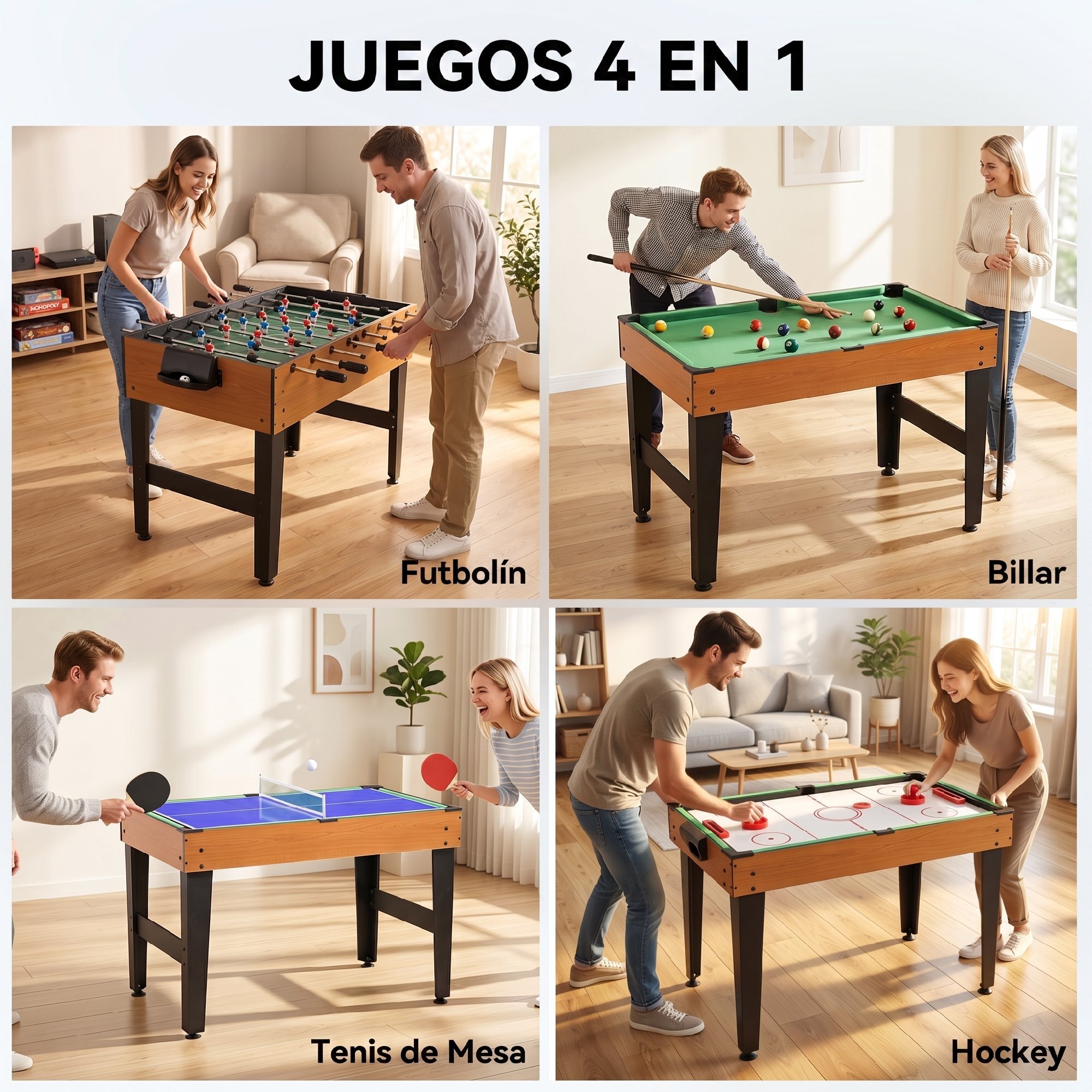 Mesa Multijuegos 4 en 1, Mesa de Juegos con Futbolines, Billar, Hockey, Ping Pong y Accesorios, Fácil Montaje, Compacta, Diversión Familiar para Adultos y Niños, 107x61x84,5 cm, Natural y Negro
