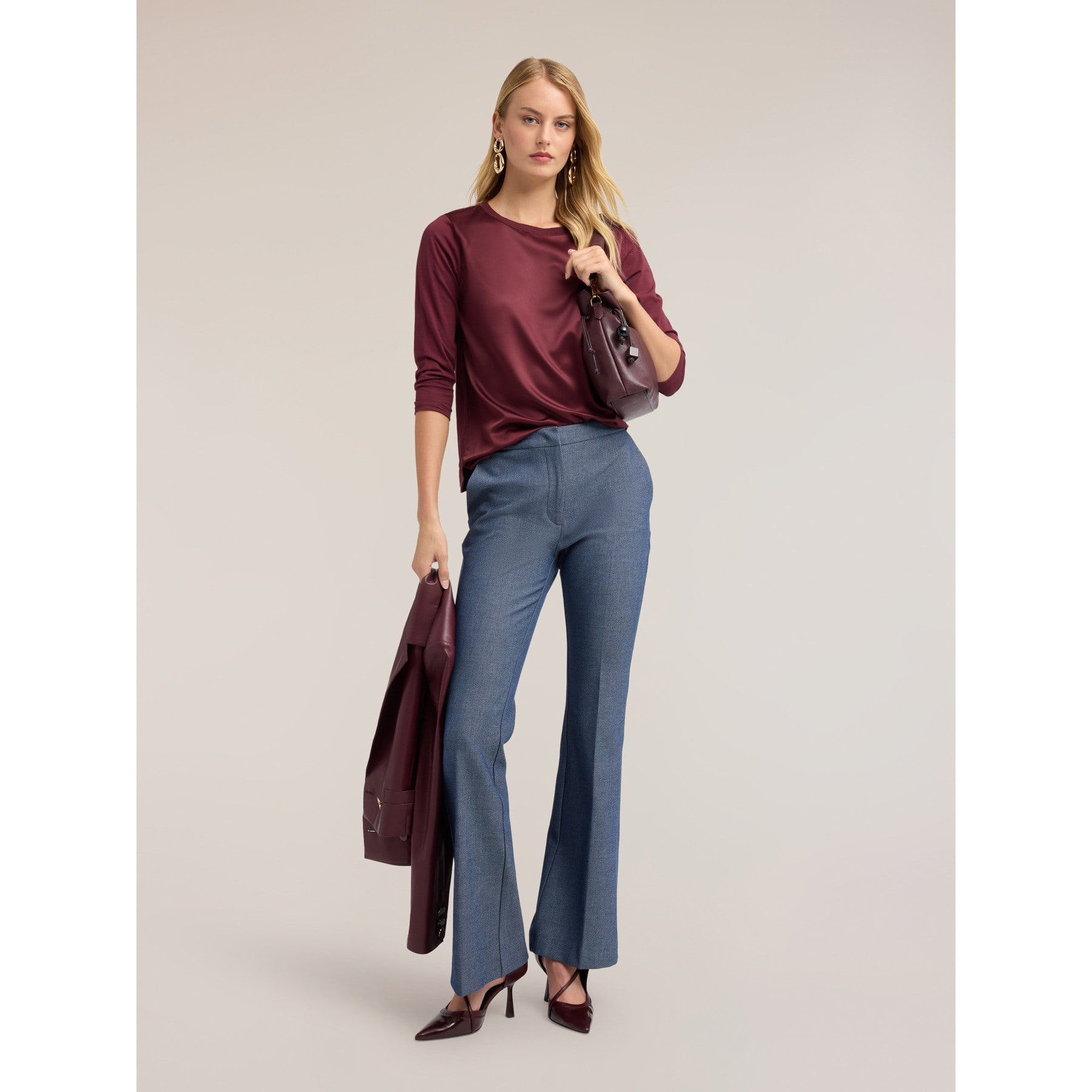 Motivi - Camiseta bimaterial de mangas de tres cuartos - Burgundy