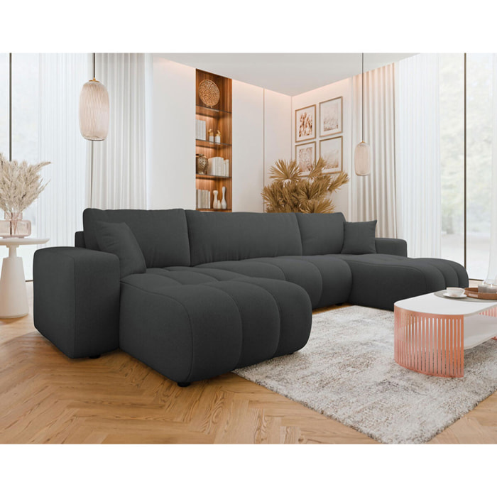 Nicole - Canapé panoramique en U 7 places convertible avec coffre en tissu - Gris Anthracite