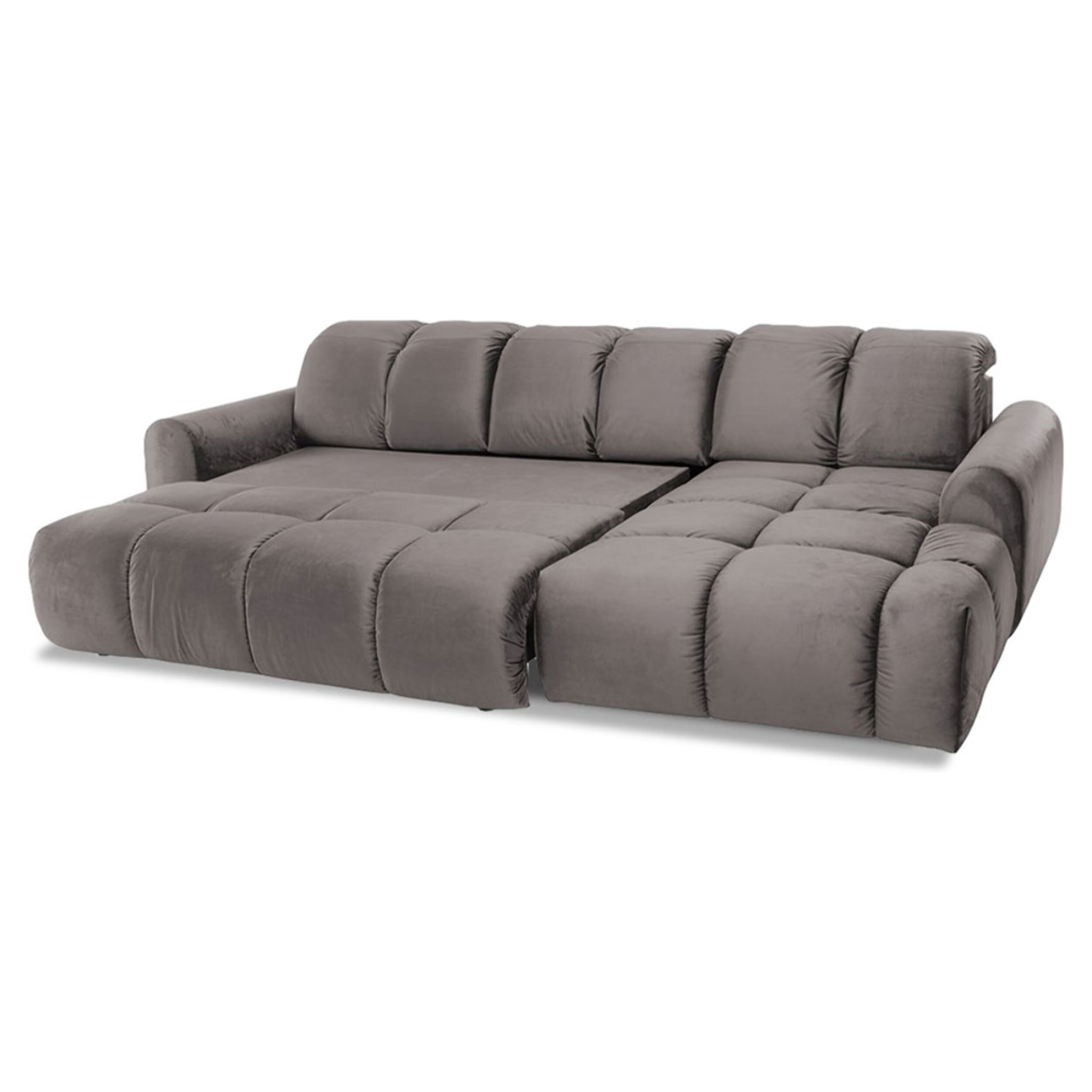 Canapé d'Angle Droit Convertible Velours Anacapri, 3 Places, Couchage Intégré, Coffre de Rangement, Repose-têtes Ajustables