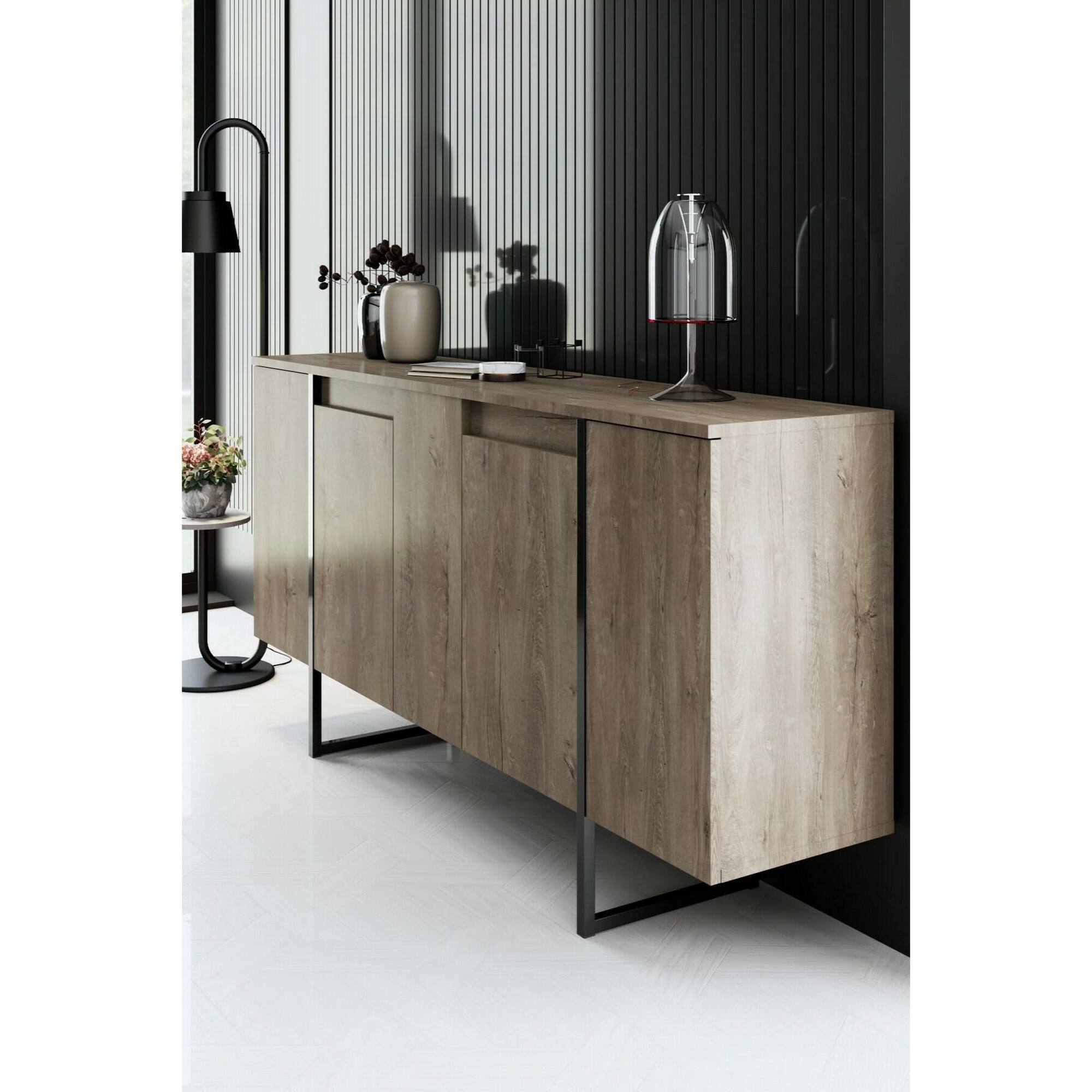 Credenza Dgarzitt, Buffet da soggiorno, Madia da salotto, Dispensa da cucina, 160x35h80 cm, Noce e Nero