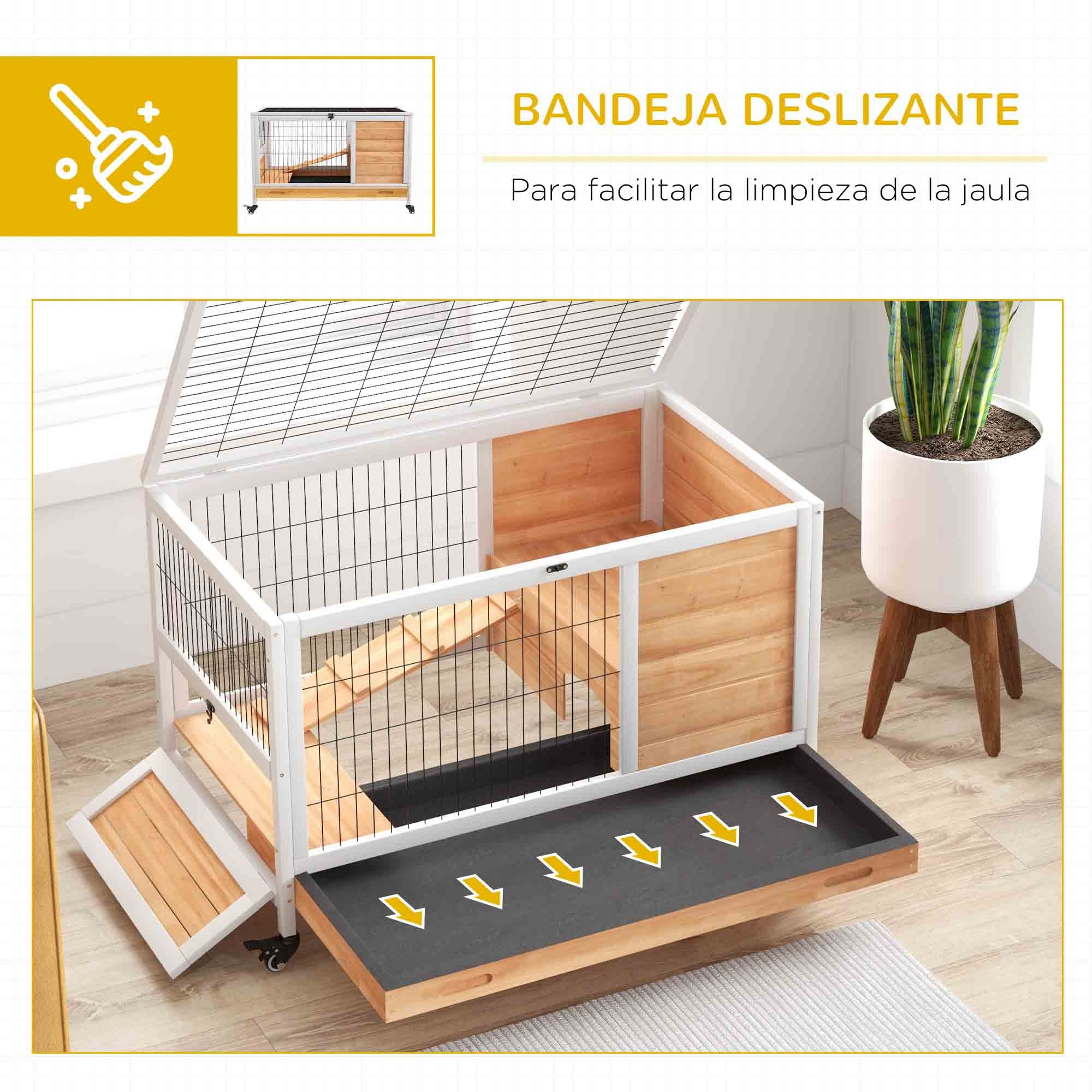 Jaula para Conejos de Madera Conejera para Mascotas Pequeñas Portátil Interior con Techo Abrible Rampa Bandeja Extraíble para Conejillos de Indias 90x53x59 cm Natural y Blanco