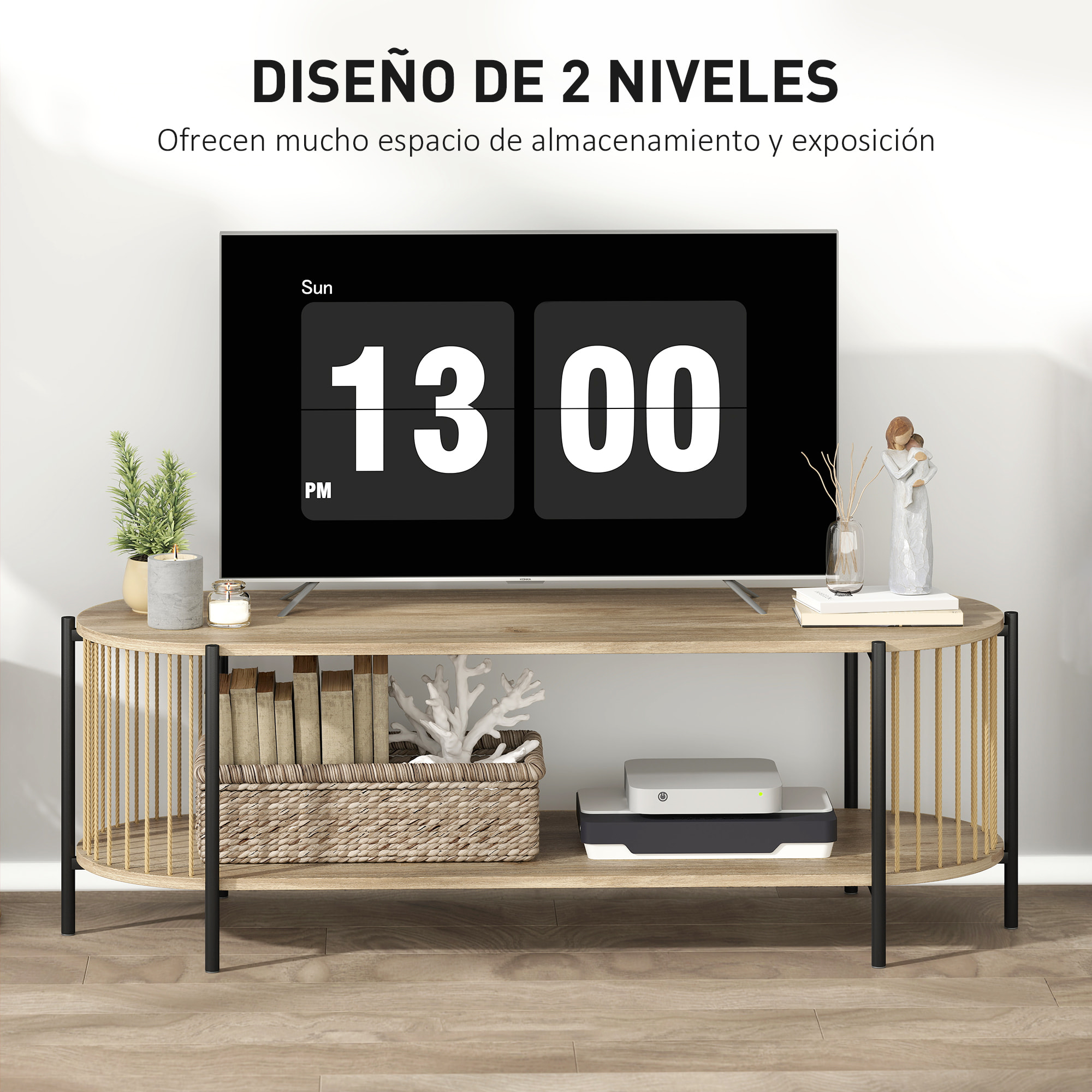 Mueble de TV Bohemio Mesa de TV hasta 55 Pulgadas con Diseño en Cuerda de Papel y 2 Estantes Abiertos para Salón Dormitorio 124x43,5x41 cm Natural