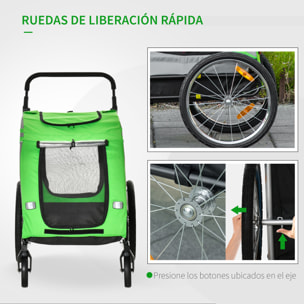 Remolque de Bicicleta Perros 2 en 1 Carrito Transporte para Mascotas con Puertas Enrollables Ventanas Cinturón de Seguridad Bandera y 6 Reflectores 140x72,5x108 cm Verde