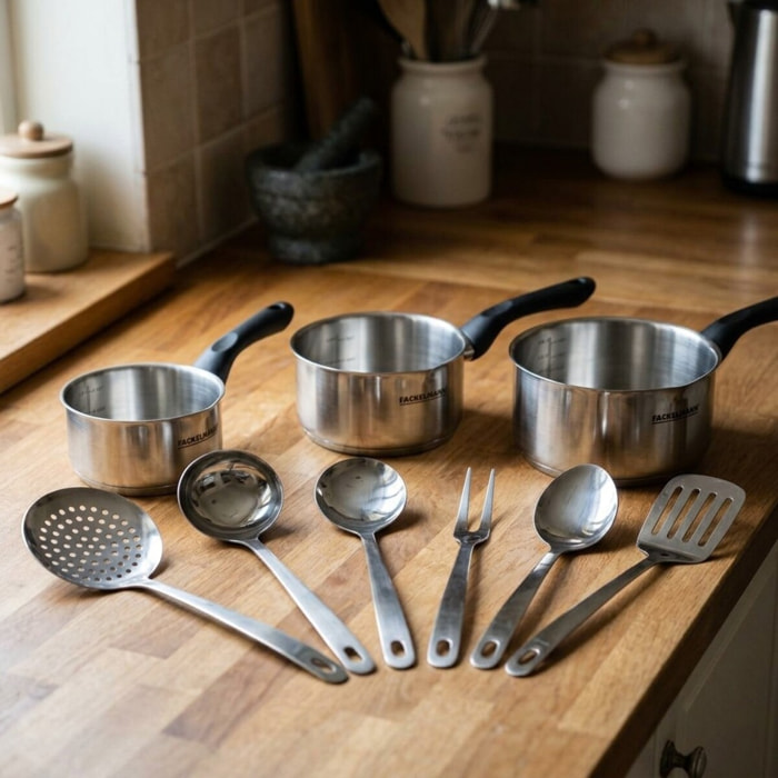 Set 3 casseroles 12 16 et 20 cm en inox et 6 ustensiles inox Fackelmann Geneva