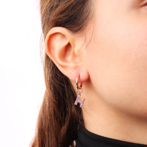Orecchino a Cerchio con Ciondolo Lettera H in Pavé di Cubic Zirconia Rosa
