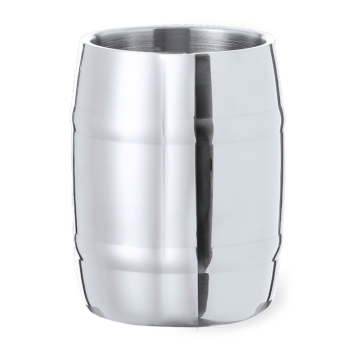 Jarra de acero inox en elegante acabado metálico. De 450 ml de capacidad, con cómoda asa y diseño en forma de barril.