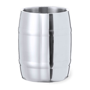Jarra de acero inox en elegante acabado metálico. De 450 ml de capacidad, con cómoda asa y diseño en forma de barril.