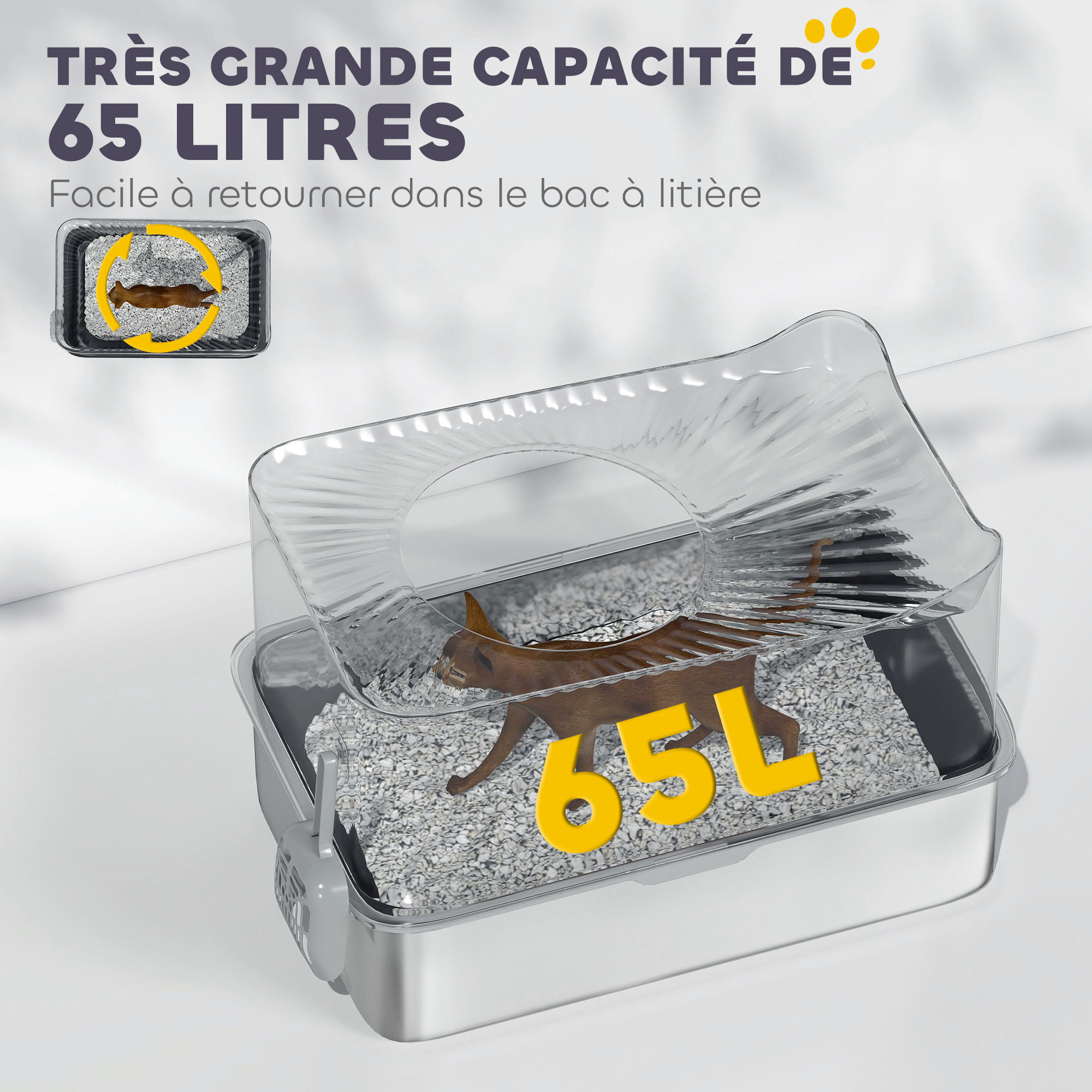Maison de toilette XL 65L design - bac à litière grande taille 60 x 40 x 38 cm - acier inox ABS noir