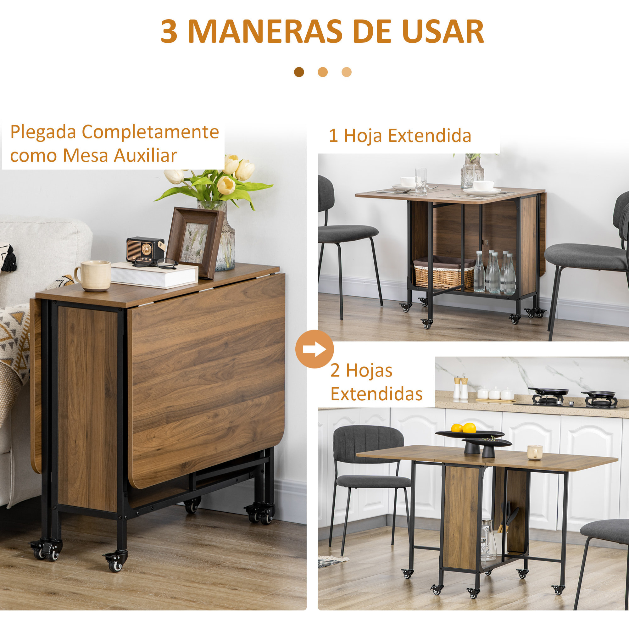 Mesa Plegable de Comedor Mesa de Cocina Plegable con Ruedas Alas Abatibles y Estante de Almacenamiento Mesa Plegable para Salón 130x80x74 cm Madera Marrón