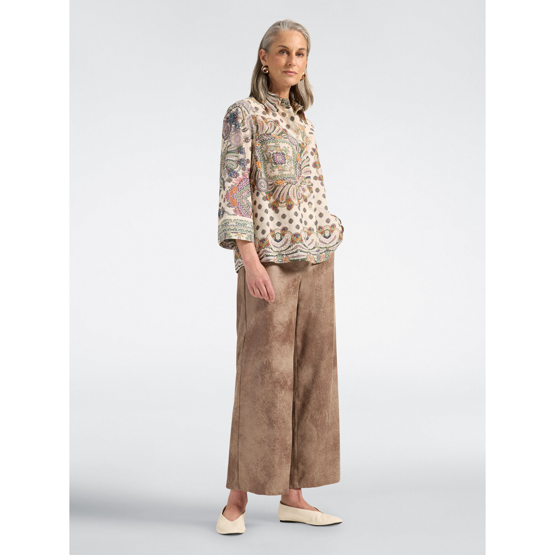 Elena Mirò - Camisa de muselina estampada con mangas de tres cuartos - Beige