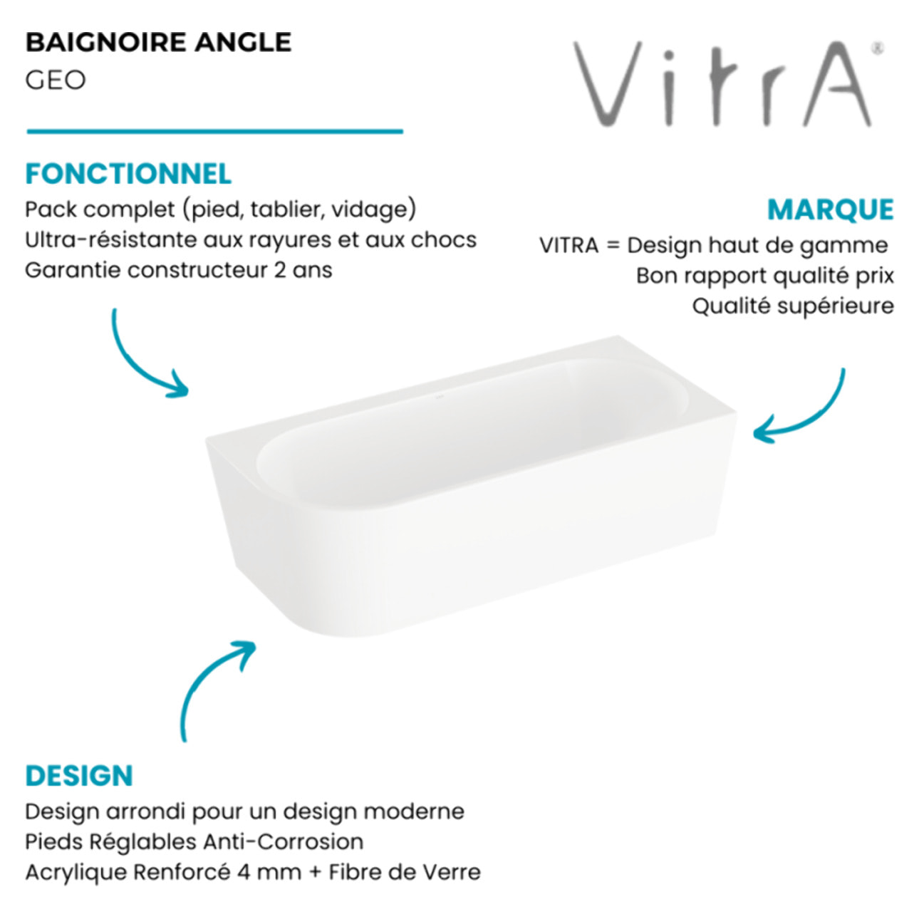 Baignoire murale angle à droite VITRA Geo 180x80 + pieds + siphon caché