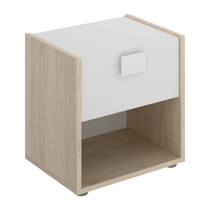 Comodino Artica, Tavolino da notte, Comò basso a 1 cassetto, 40x33h42 cm, Bianco e Rovere