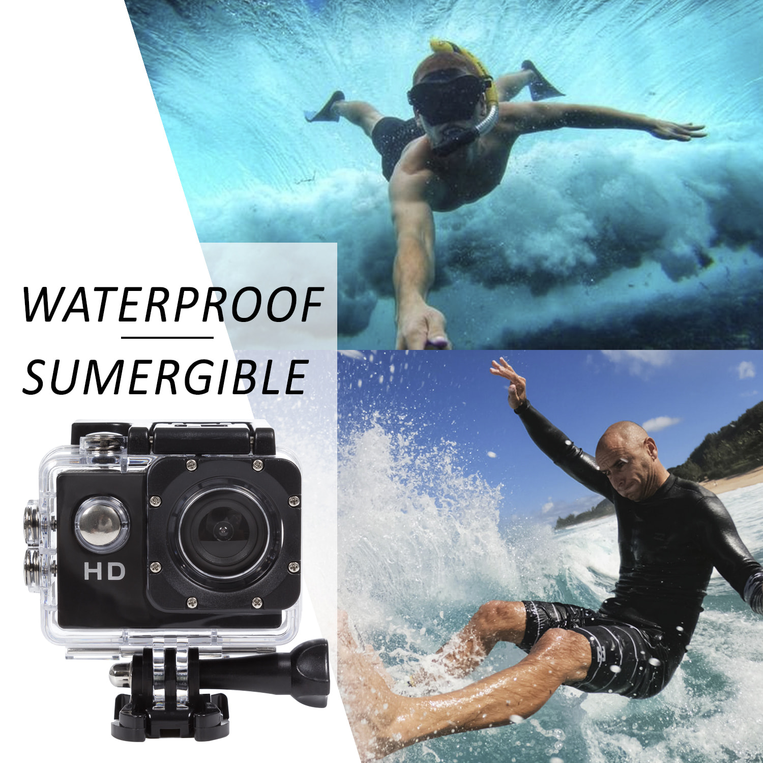 Fotocamera sportiva Komir HD1080P con 12 mpx, schermo da 2 pollici e accessori sportivi