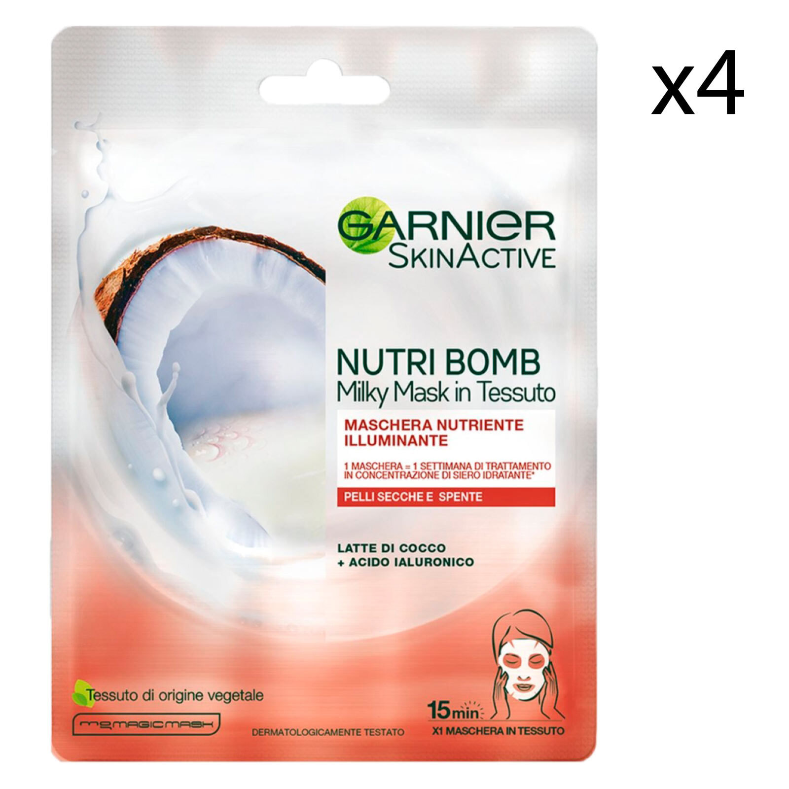 4x Maschera in Tessuto Latte di Cocco Nutri Bomb Trattamento Monouso