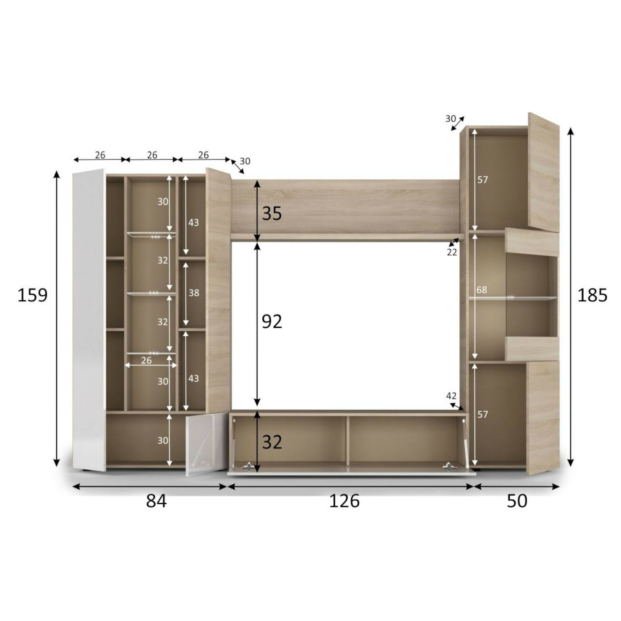 Parete attrezzata Raleigh, Mobile da soggiorno porta TV modulare, Composizione salotto con pensili e vetrine e luce led, cm 260x42h185, Rovere e Bianco