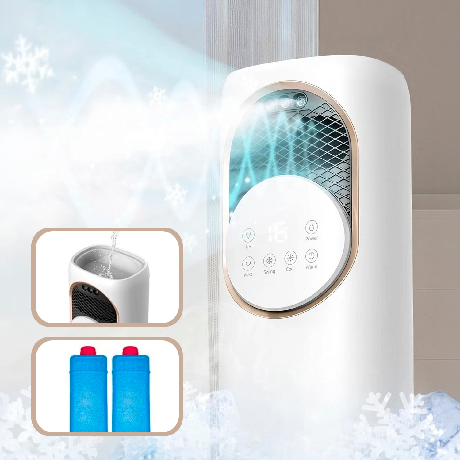 Climatizador multifunción sin aspas Q9, con calefacción y refrigeración. Con tanque de agua de 1,2L, pantalla táctil, luz esterilizadora y mando de control remoto.