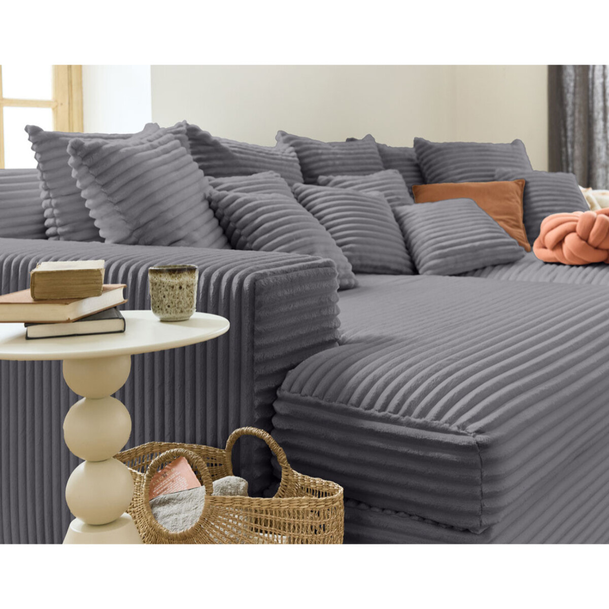 Collins - canapé droit 4 places avec double méridienne - assise profonde - velours côtelé grosses côtes - Gris