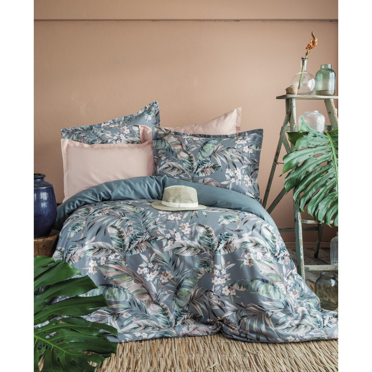 Parure housse de couette 240x220 cm et 2 taies d'oreiller 63x63cm satin de coton imprimé