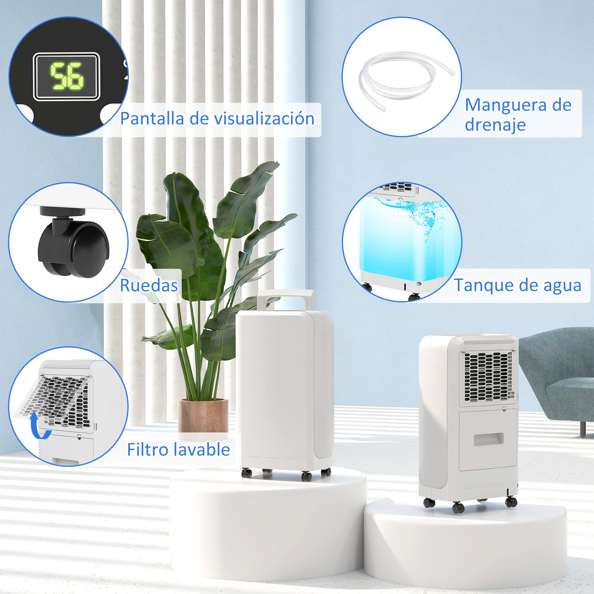 Deshumidificador Eléctrico 12L/día Depósito de Agua 2,5L Deshumidificador con Ruedas Temporizador de 24 Horas Pantalla Digital de Humedad Deshumidificador de Humedad para Dormitorio Blanco