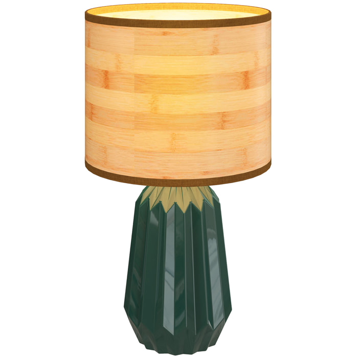 Lámpara de Mesa con Base de Cerámica y Pantalla de Lino Lámpara de Mesita de Noche de Estilo Retro con Interruptor para Dormitorio Salón E27 40W Verde y Madera Natural
