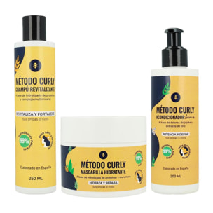 Pack Método Curly Champú, Mascarilla y Acondicionador - Acondicionador Sin Aclarado para Ondas y Rizos - Potente Fórmula Natural con Hidrolizado de Proteínas y Complejo Multimineral