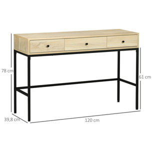 Console design industriel 3 tiroirs structure piètement acier noir panneaux aspect bois clair