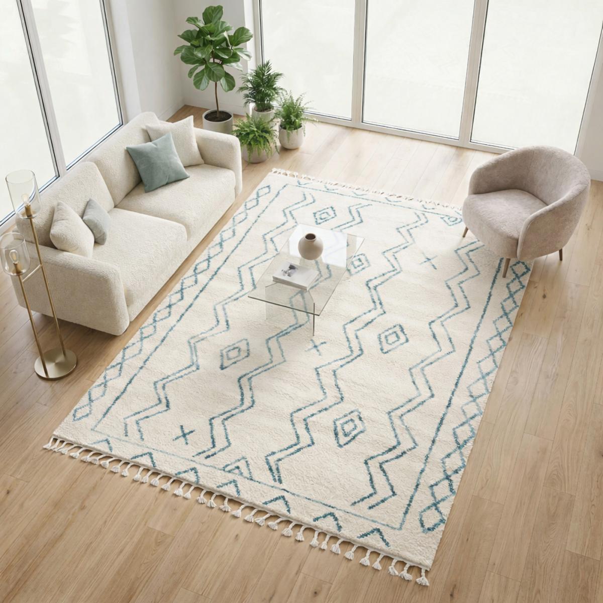 Tapis Manu crème et vert motif traditionnel berbère