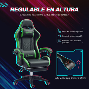 Silla Gaming Ergonómica Reclinable 135°, Silla Gamer Racing de Cuero PU con Soporte Lumbar, Altura Ajustable, Reposacabezas y Reposapiés Retráctil, para Oficina, Estudio, Negro y Verde