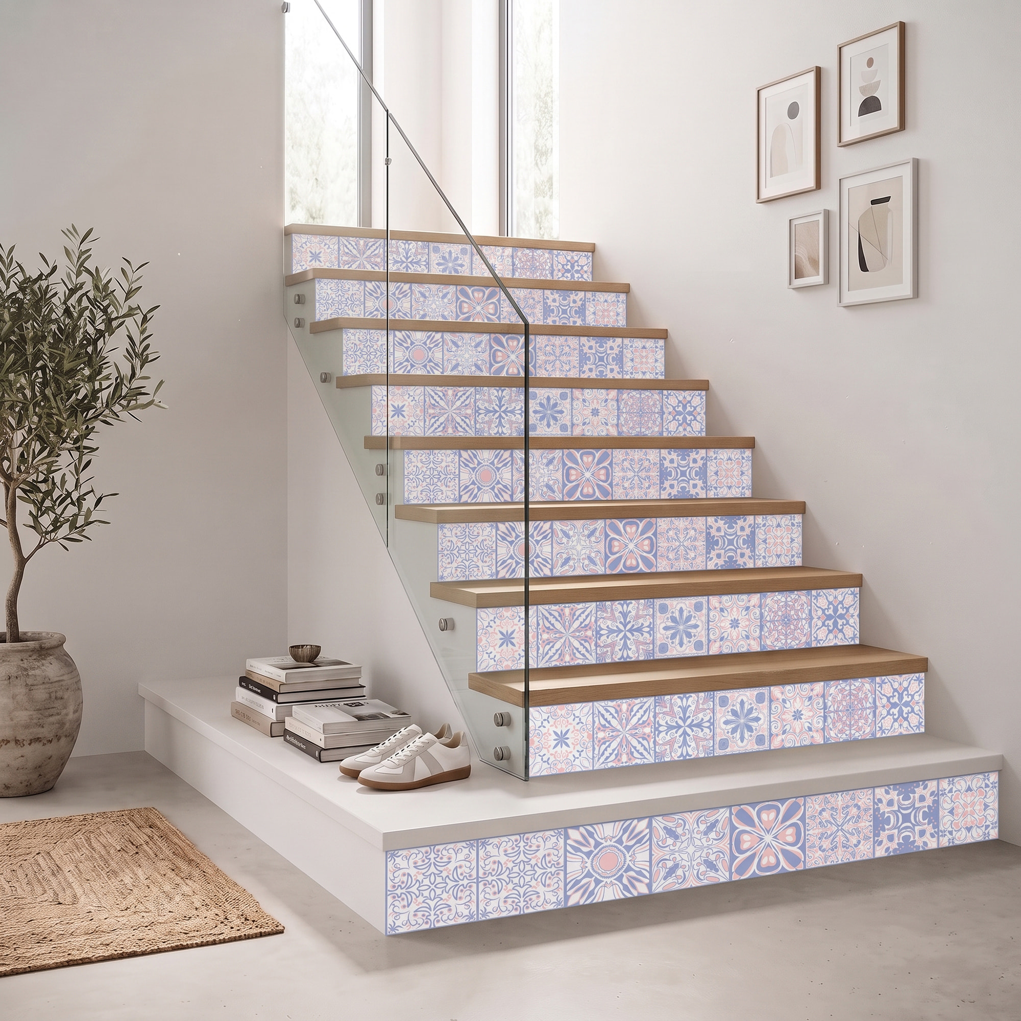 Stickers adhésifs escalier carrelages | Sticker Autocollant contremarche Carreaux de ciment carrelages adhésif - BLEU D'ORIENT