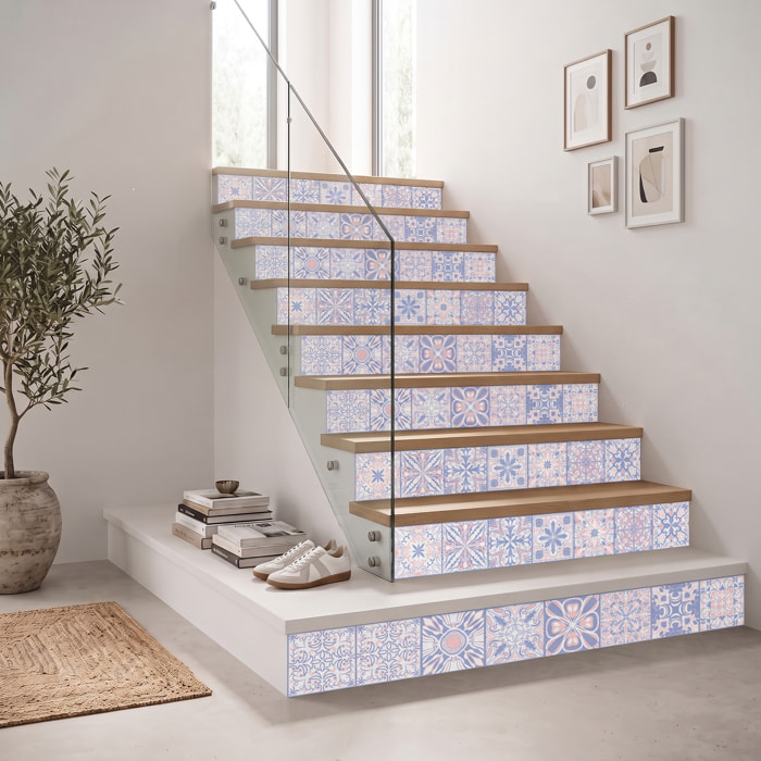 Stickers adhésifs escalier carrelages | Sticker Autocollant contremarche Carreaux de ciment carrelages adhésif - BLEU D'ORIENT