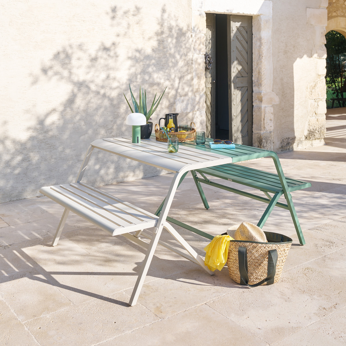 Ensemble de balcon "Drilia" vert olive 2 places en acier