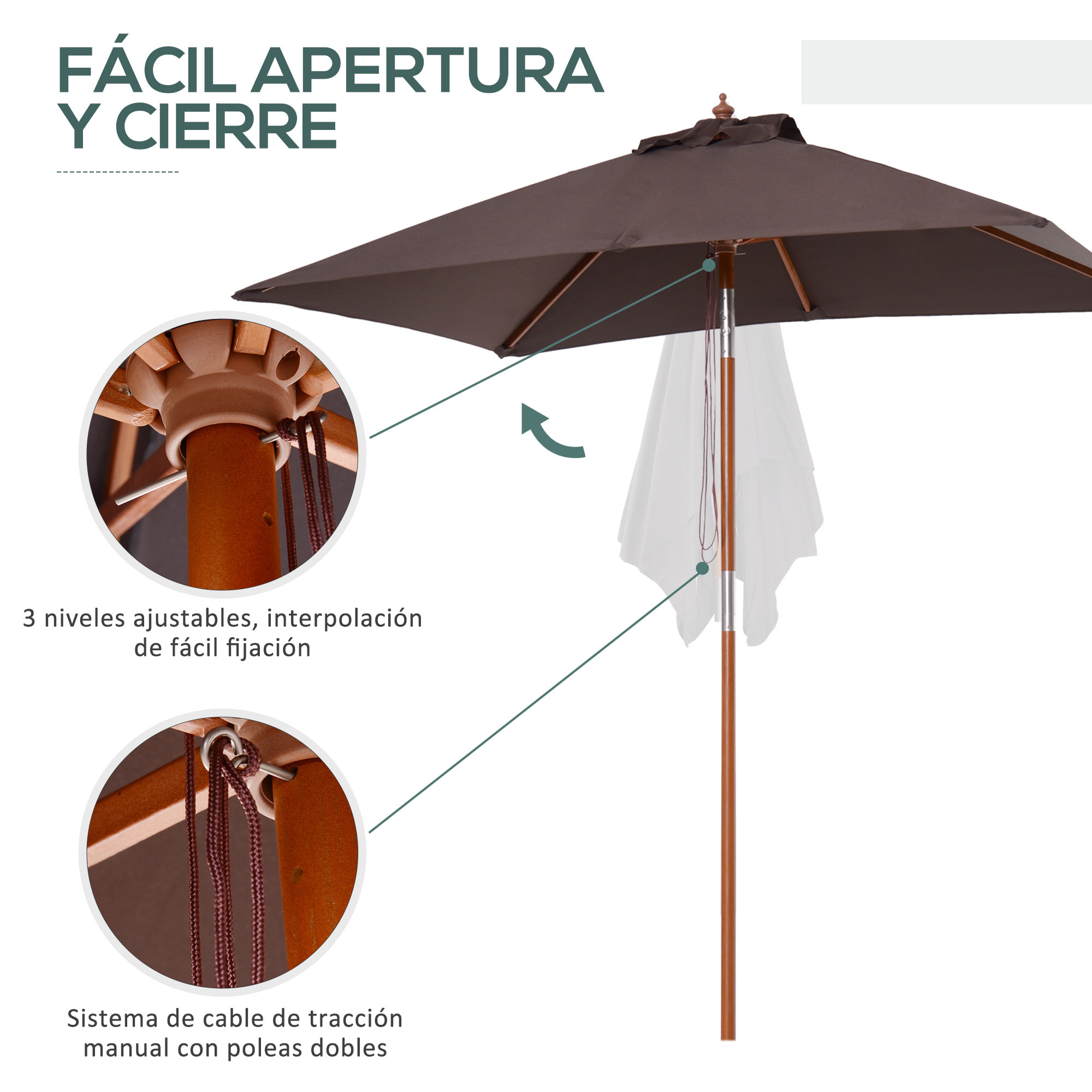 Sombrilla Terraza Exterior 200x150 cm Sombrilla de Jardín Rectangular con Ángulo Ajustable Mástil de Madera y Manivela Parasol para Patio Terraza Café
