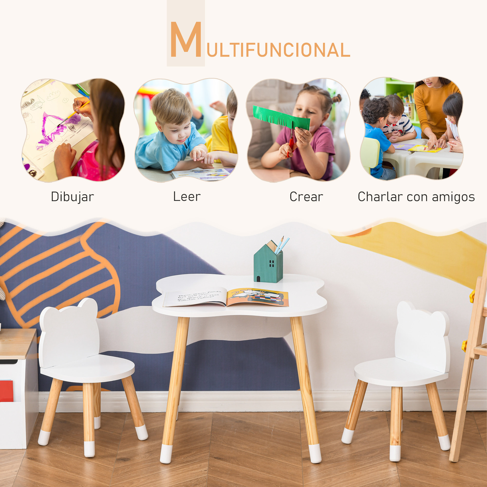 Juego de Mesa Infantil y 2 Sillas de Madera para Sala de Juego Dormitorio Niños