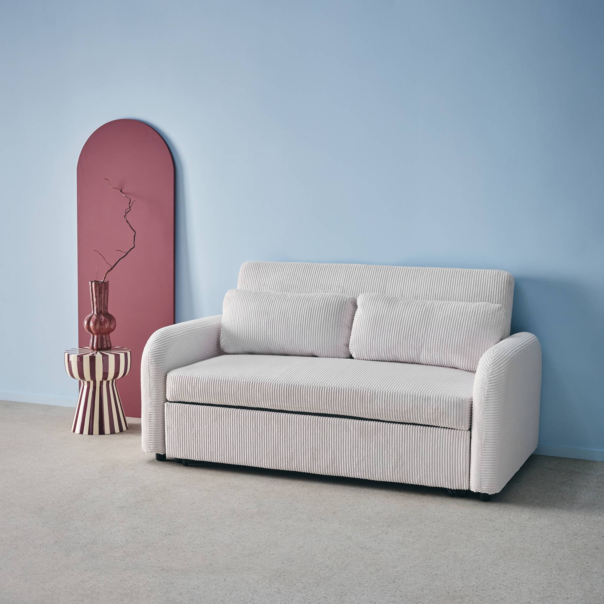 Canapé convertible arrondi 2 places velours côtelé blanc L 168 x P 90 x H 88cm - Lino