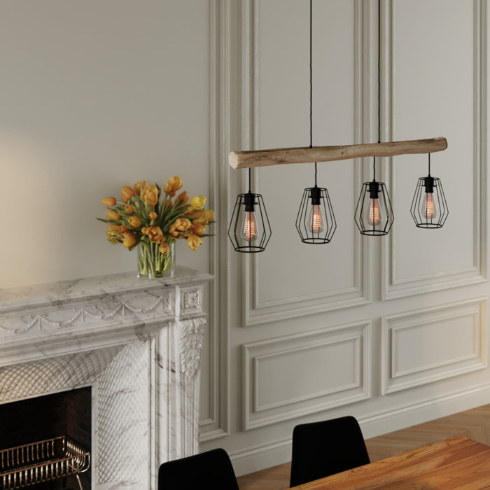 Suspension en bois et métal 4 lampes - Clotilde