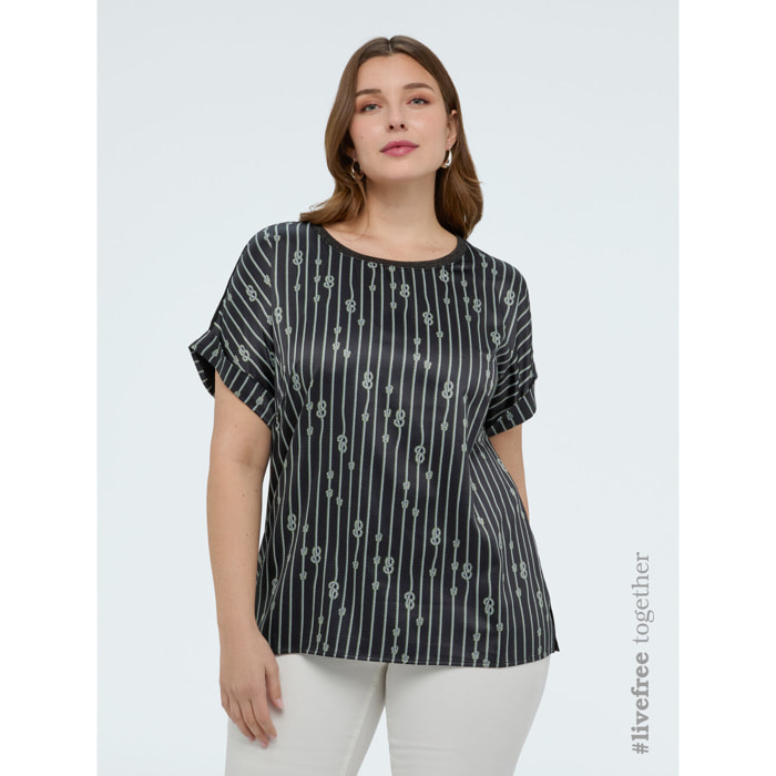 Fiorella Rubino - T-shirt bimaterica fantasia nodi - Nero