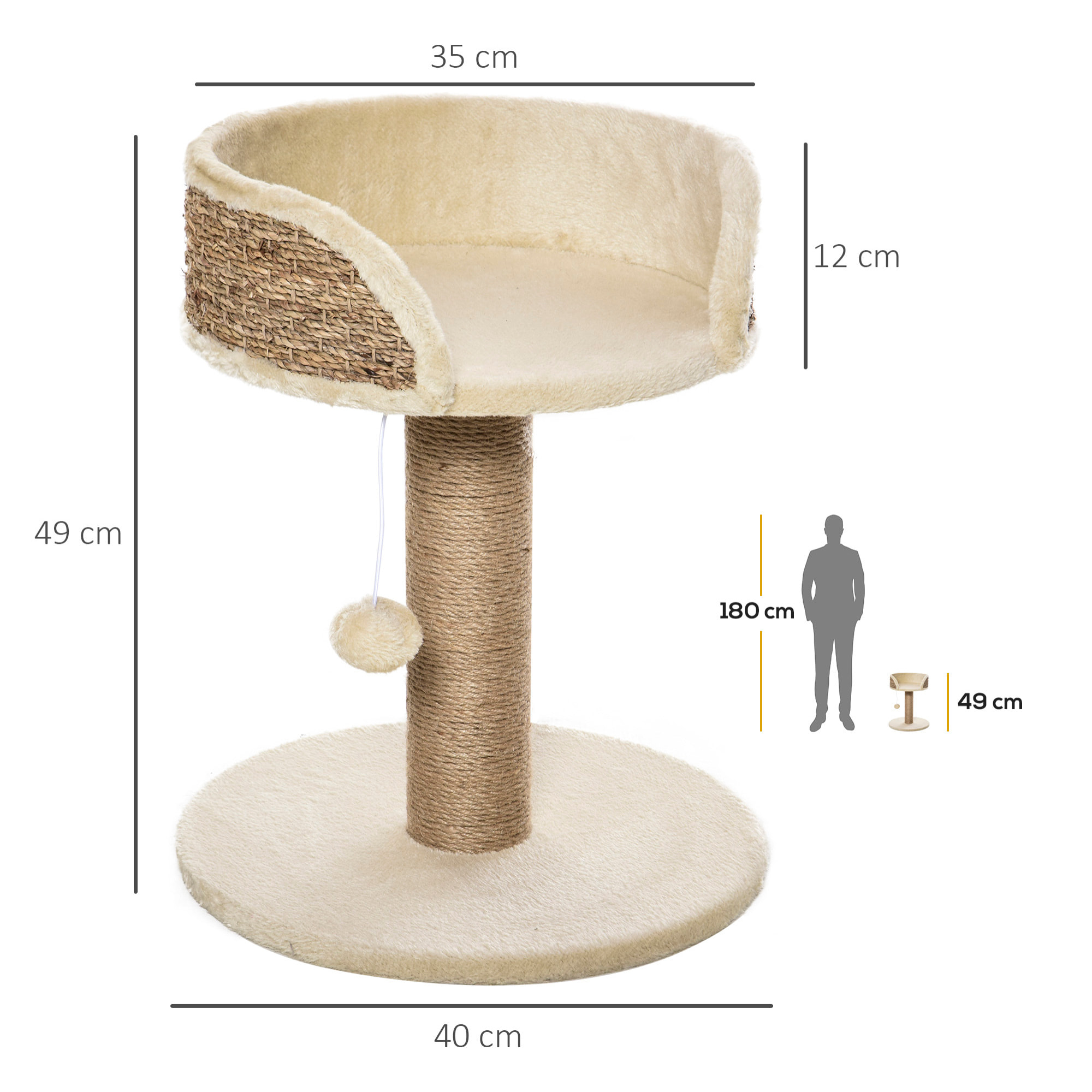 Arbre à chat griffoir 2 niveaux H. 49 cm - poteau sisal, plateforme observation, jeu de boule suspendue - jute polyester beige