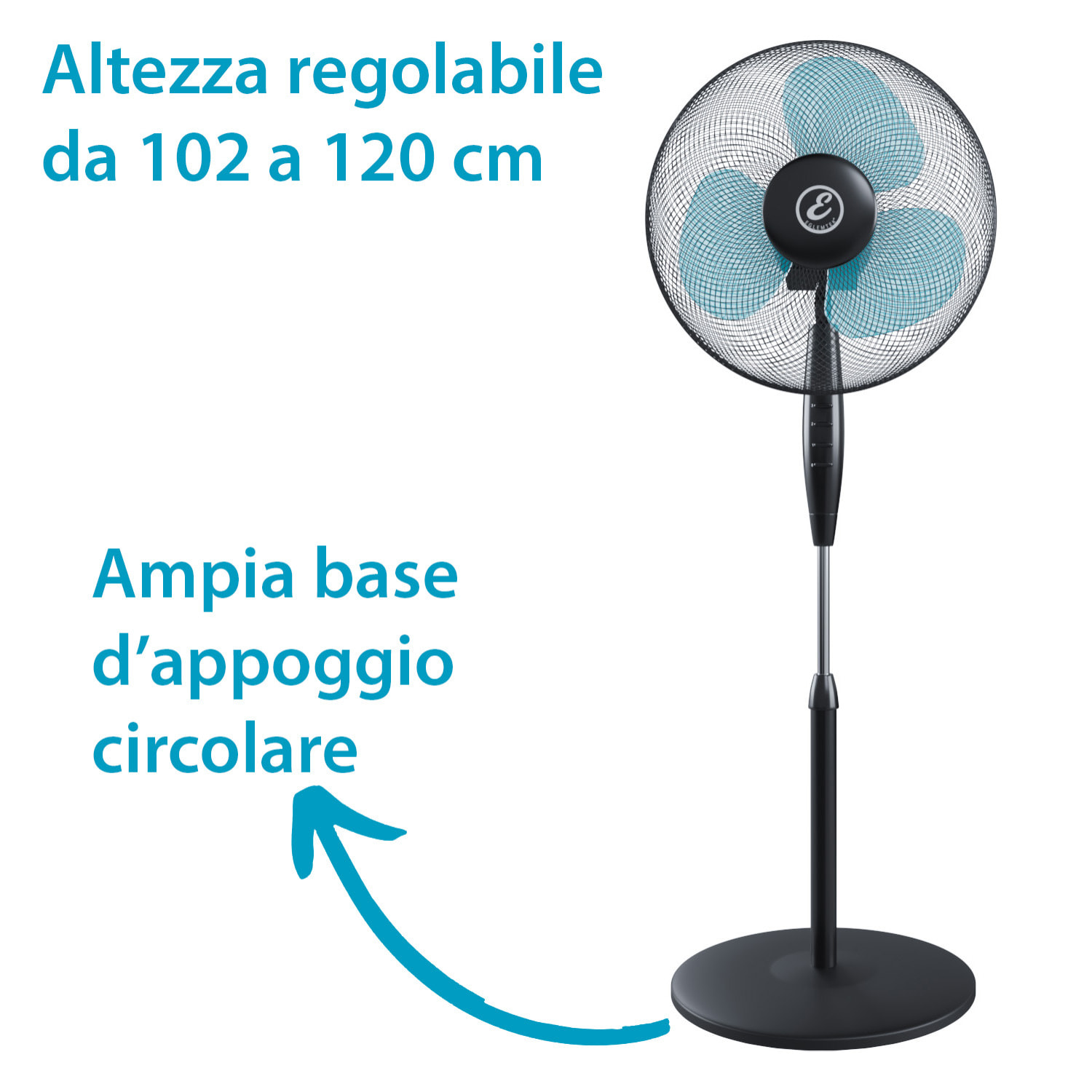 Ventilatore A Piantana Potente Da 50W Per Pavimento Pale Da 40 Cm Silenzioso 3 Velocità Oscillante Altezza e Inclinazione Regolabili Nero E Azzurro