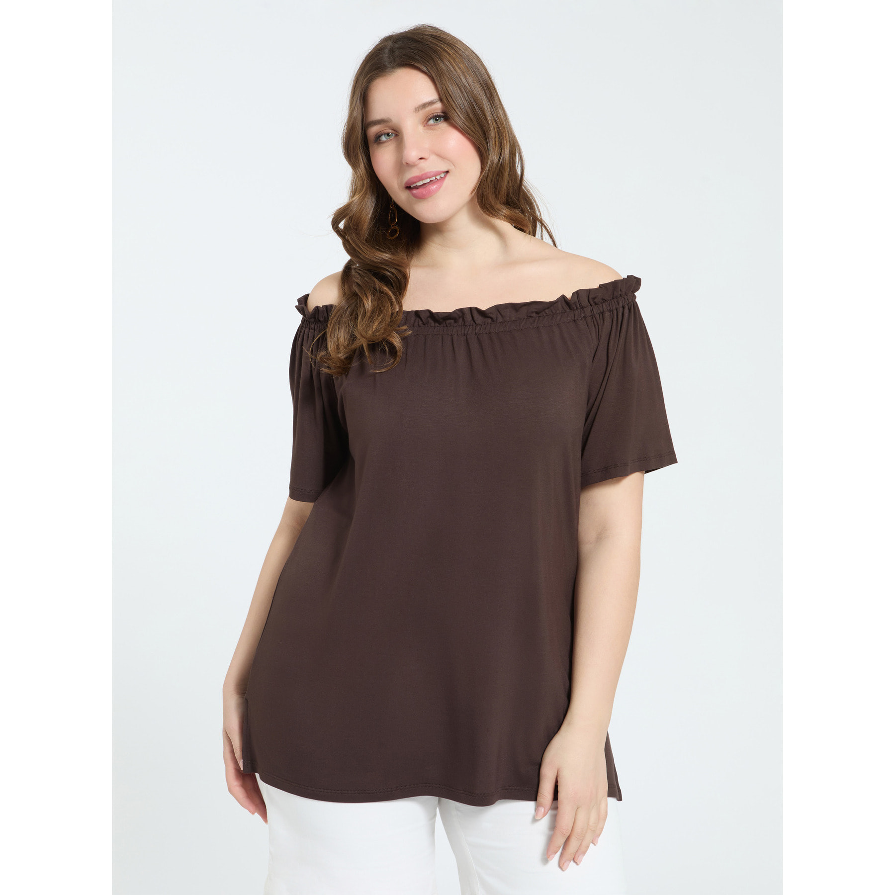 Fiorella Rubino - T-shirt off shoulders in jersey di viscosa - Marrone