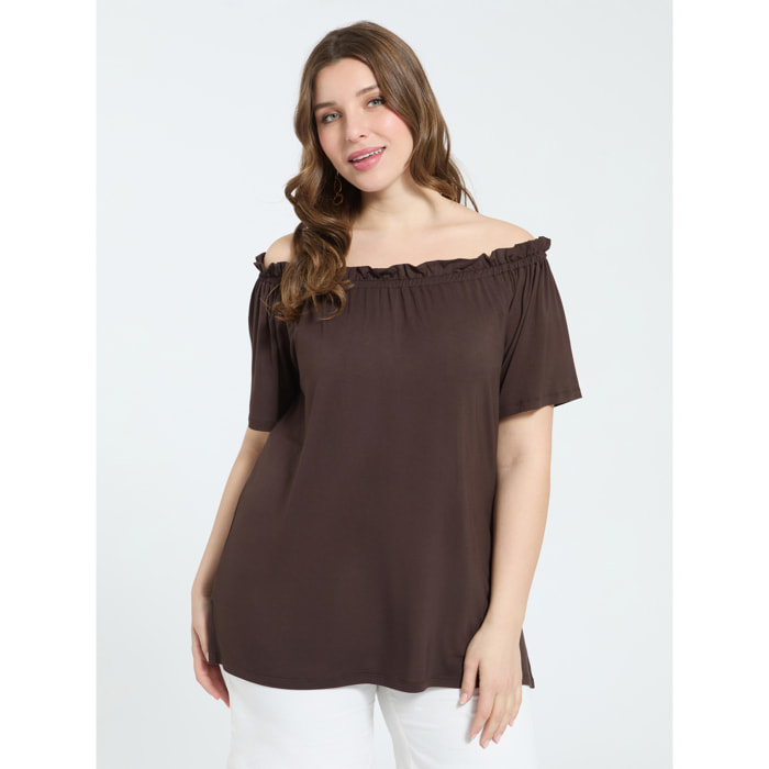 Fiorella Rubino - T-shirt off shoulders in jersey di viscosa - Marrone