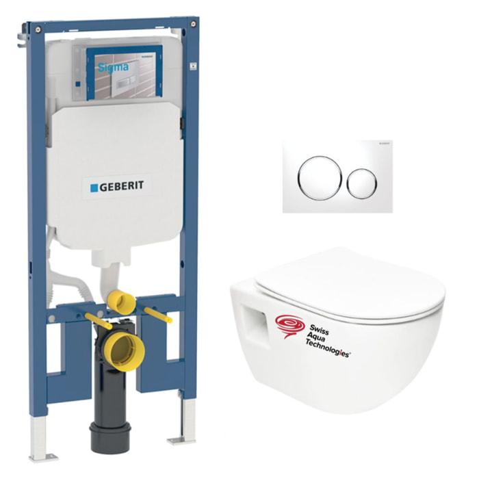 Duofix Pack Bâti-support extra-plat UP720 + WC sans bride SAT + Abattant SoftClose + Plaque Blanche et Chrome