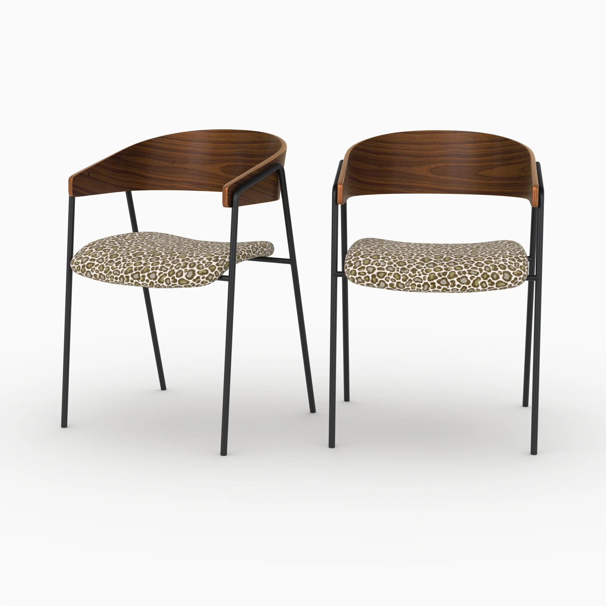 Lot de 2 chaises en tissu léopard vert kaki et bois de noyer - Esmée