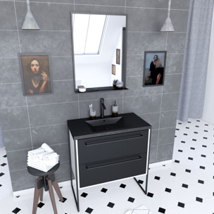 Meuble de salle de bain 80x50 cm Blanc - 2 tiroirs noir mat - vasque noire effet pierre - miroir