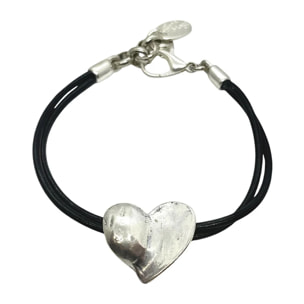 Pulsera corazón cuero negro plata chapado