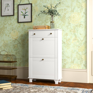 Meuble à chaussures design - tiroir, 2 portes abattantes - dim. 60 x 23,5 x 98 cm - poignées métal doré blanc