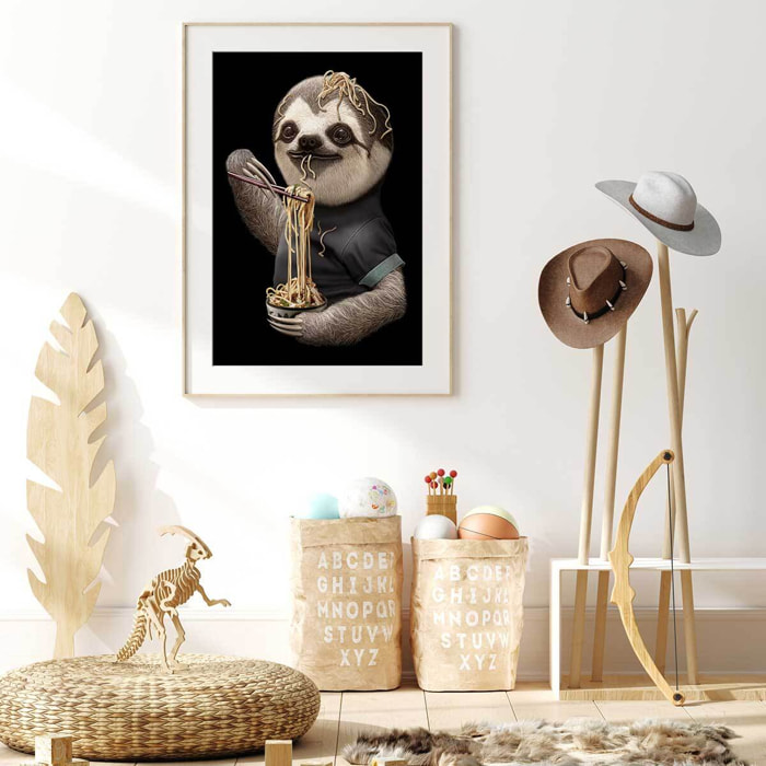 Affiche enfant repas de paresseux  Affiche + cadre en bois - Chêne