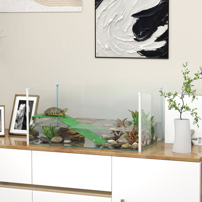 Acuario para Tortugas, Terrario de Tortugas con Plataforma y Rampa con Superficie de Césped Artificial, Vista Panorámica 360°, para Peces Pequeños, Camarones, 60x35x28 cm, Blanco