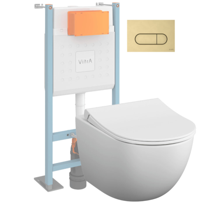 Pack WC suspendu VITRA Sento blanc mat + bâti autoportant V-Fix Core + Plaque Round or brossé