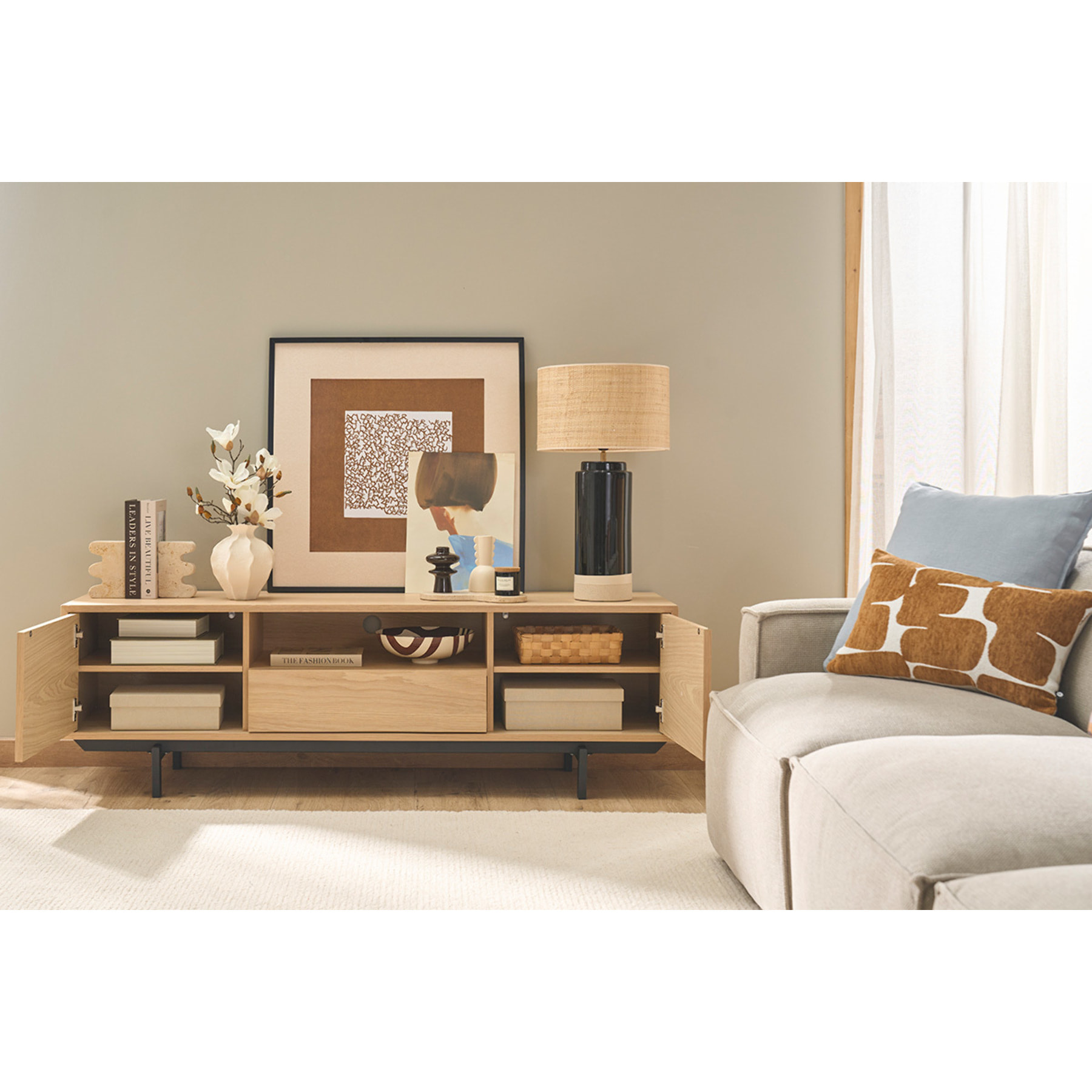 Meuble TV finition bois chêne avec niche ouverte L160 cm MANNY